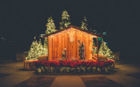 nativity outdoor decor during night time
