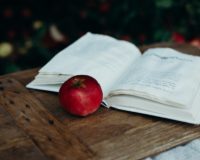 red apple beside opened book