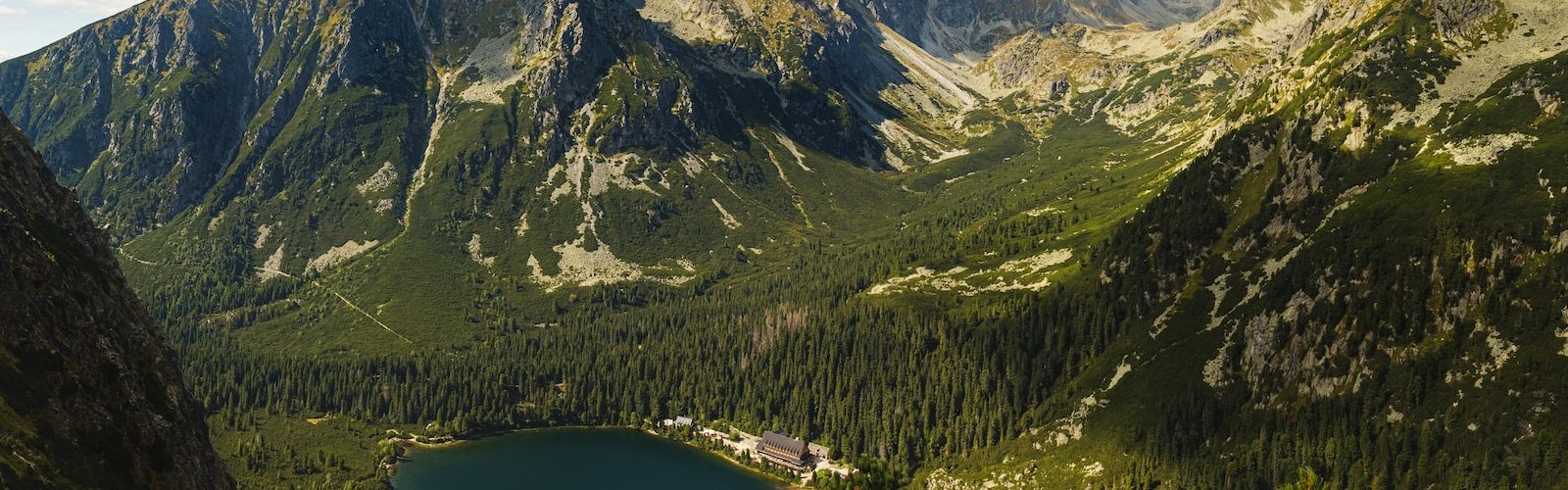 lake in the middle of green and brown mountains