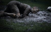 man lying on green grass soaked with mud